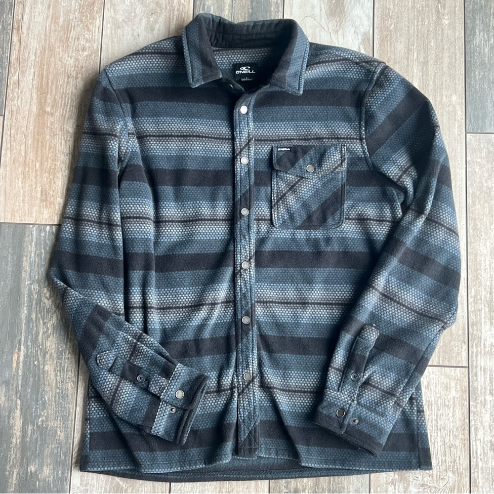 O’Neill Men’s Button-Up Flannel Shirt Jacket | Gray Black Stripe | Snap Front